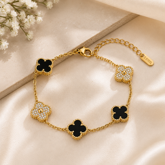 Clover Black & Crystal Gold-Plated Bracelet