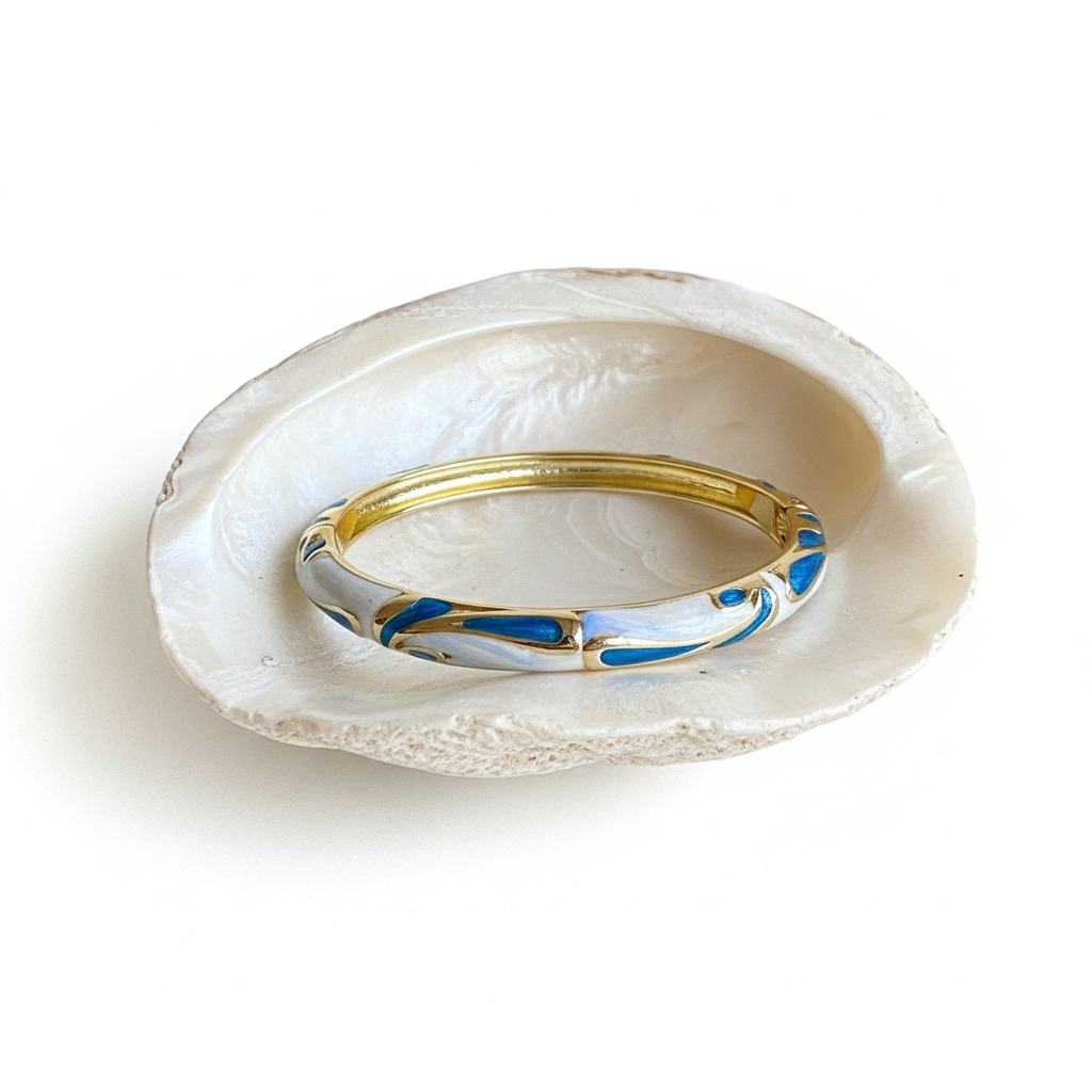 Blue and white geometric enamel bangle bracelet flat lay gold enamel bracelet for women