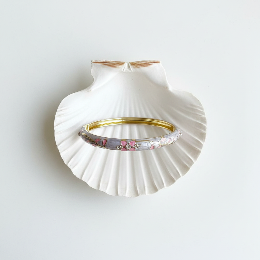 Pink lavender crystal floral enamel bangle bracelet flat lay gold floral enamel bracelet for women