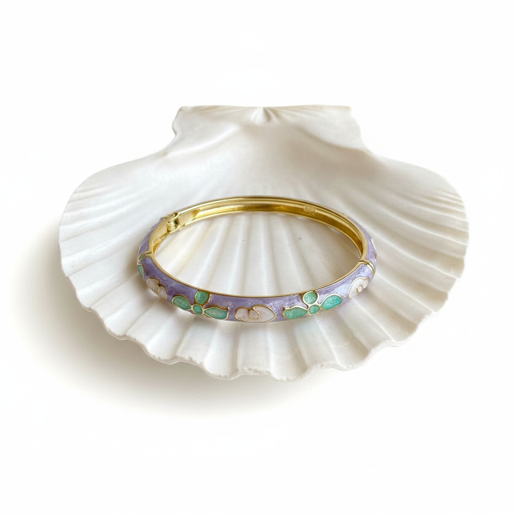 Lavender turquoise enamel bangle bracelet flat lay gold enamel bracelet with leaf design