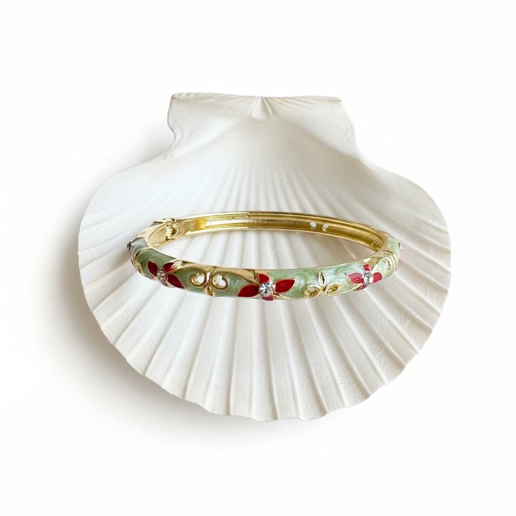 Mint green and red floral enamel bangle bracelet flat lay gold floral enamel bracelet for women
