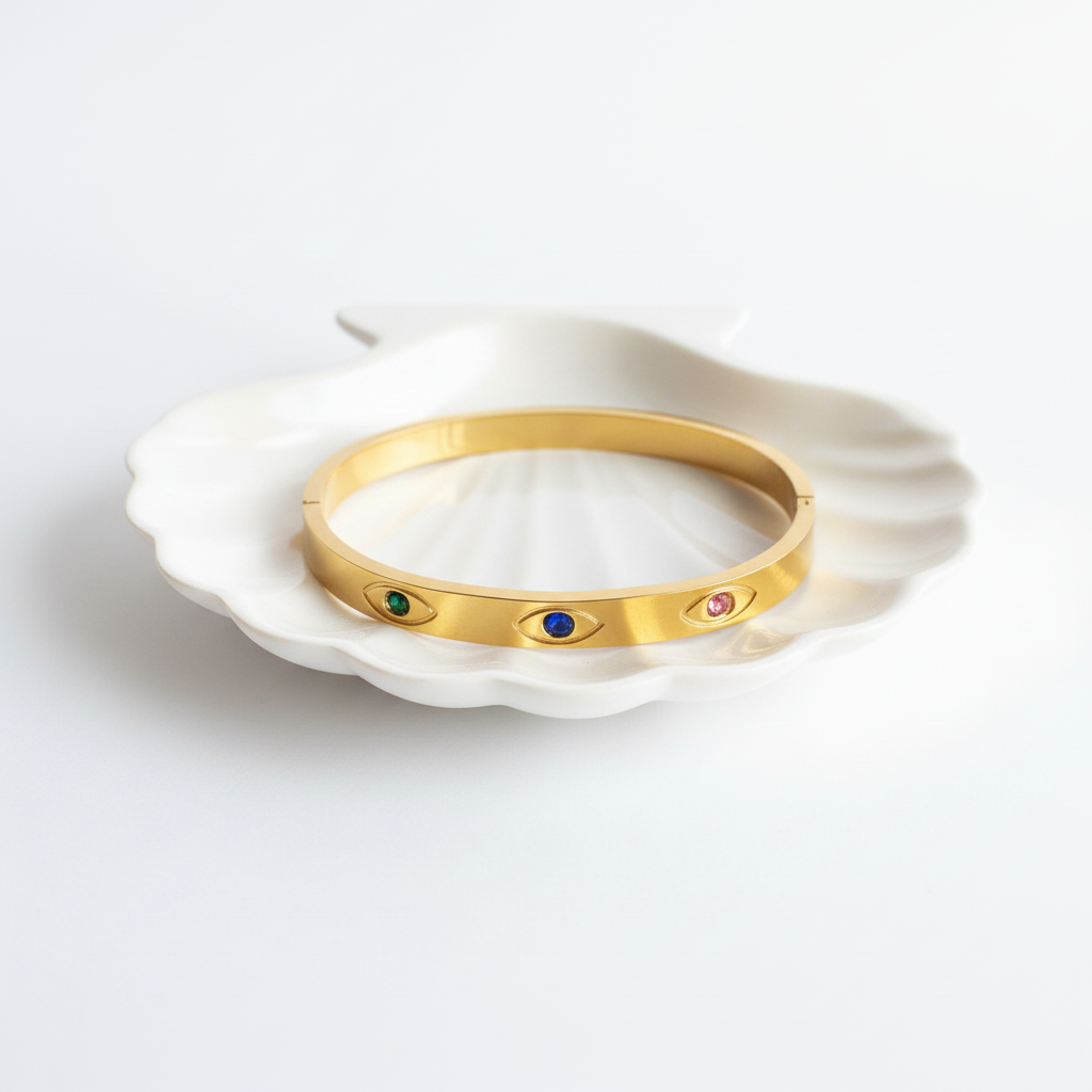 Multicolor evil eye bangle bracelet flat lay gold plated nazar bracelet for women