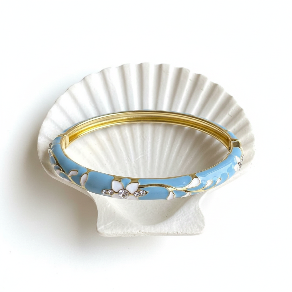 Sky blue crystal floral enamel bangle bracelet flat lay gold floral enamel bracelet for women