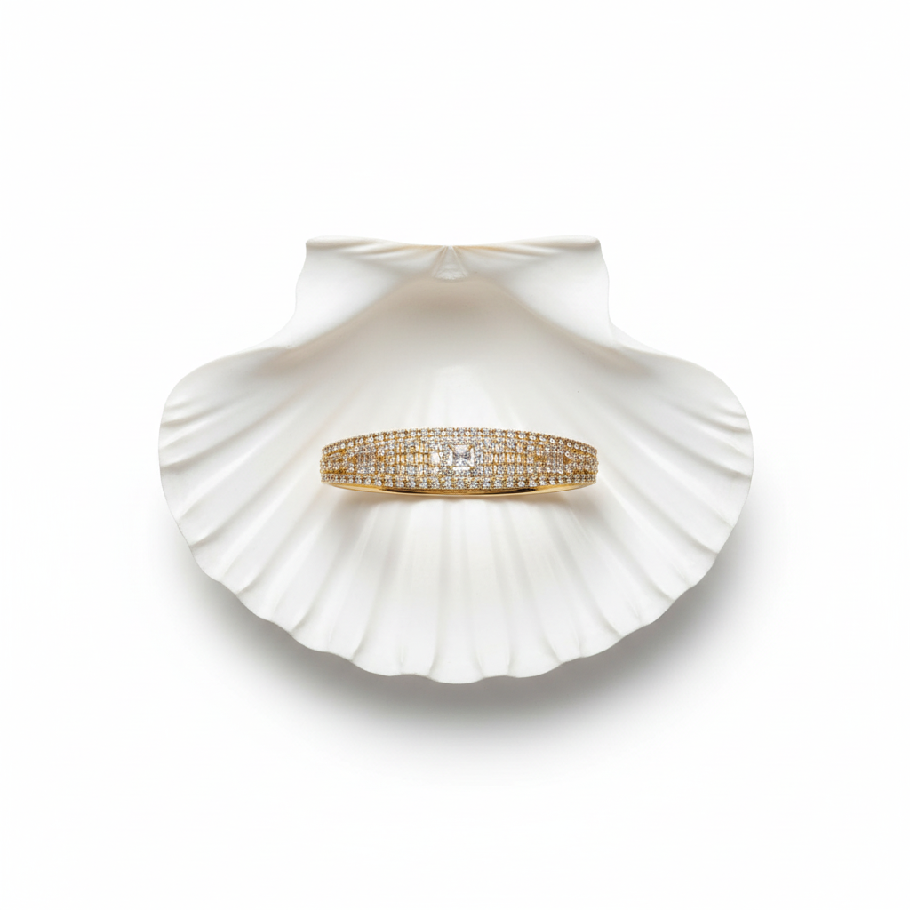 Radiant princess crystal bangle bracelet flat lay gold crystal bracelet for women