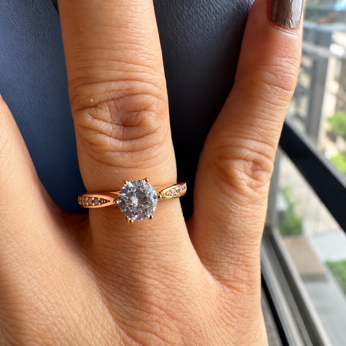 Real pic of Roselle rose gold-tone crystal solitaire ring with crystal-accented band