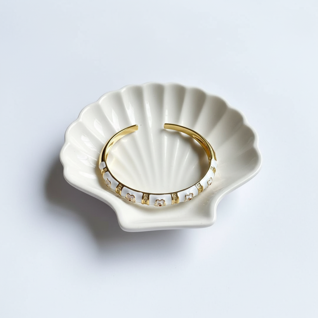 White Enamel Flower Cuff - Flat Lay