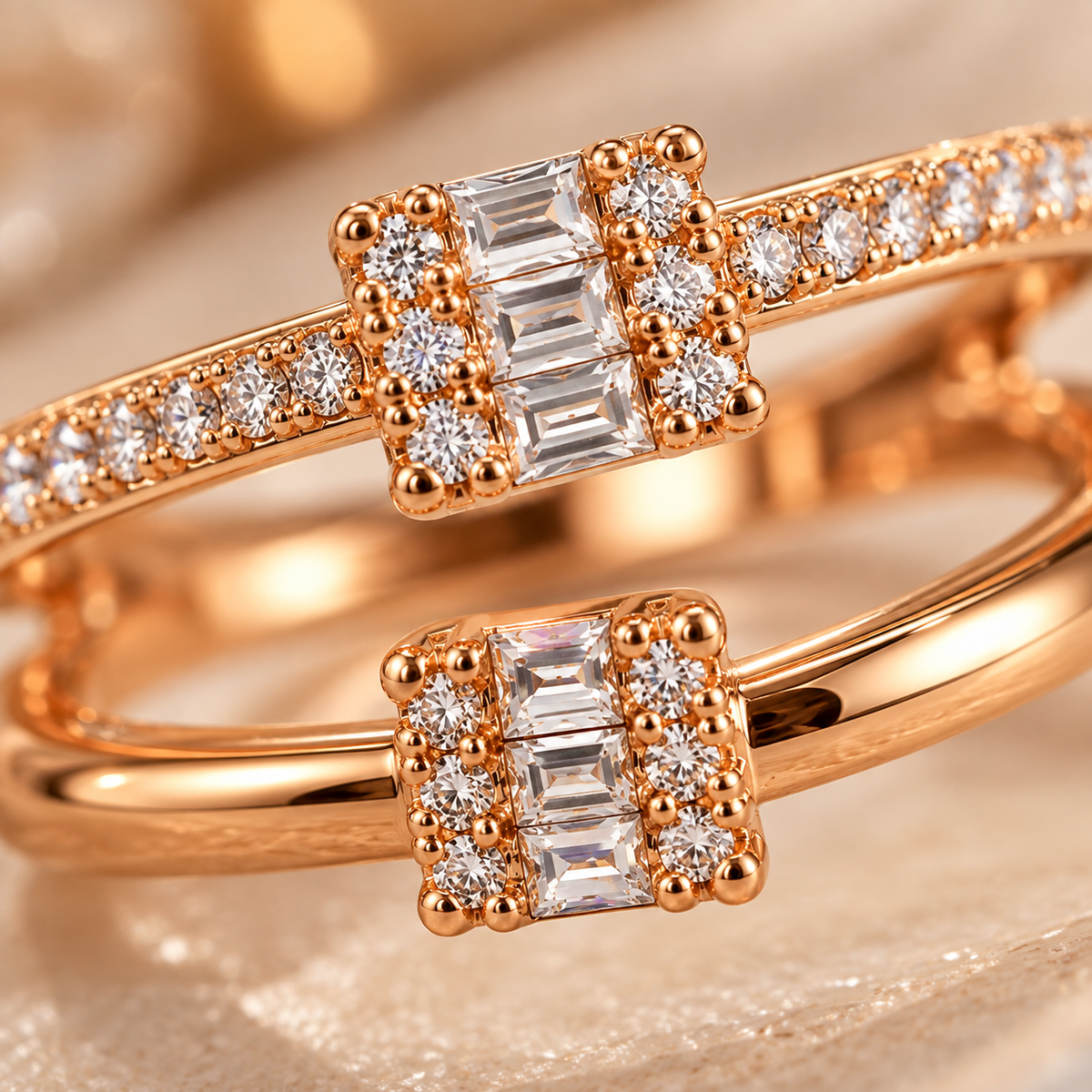 Close-up of Zaria rose gold ring showing baguette-cut and round clear crystal detailing