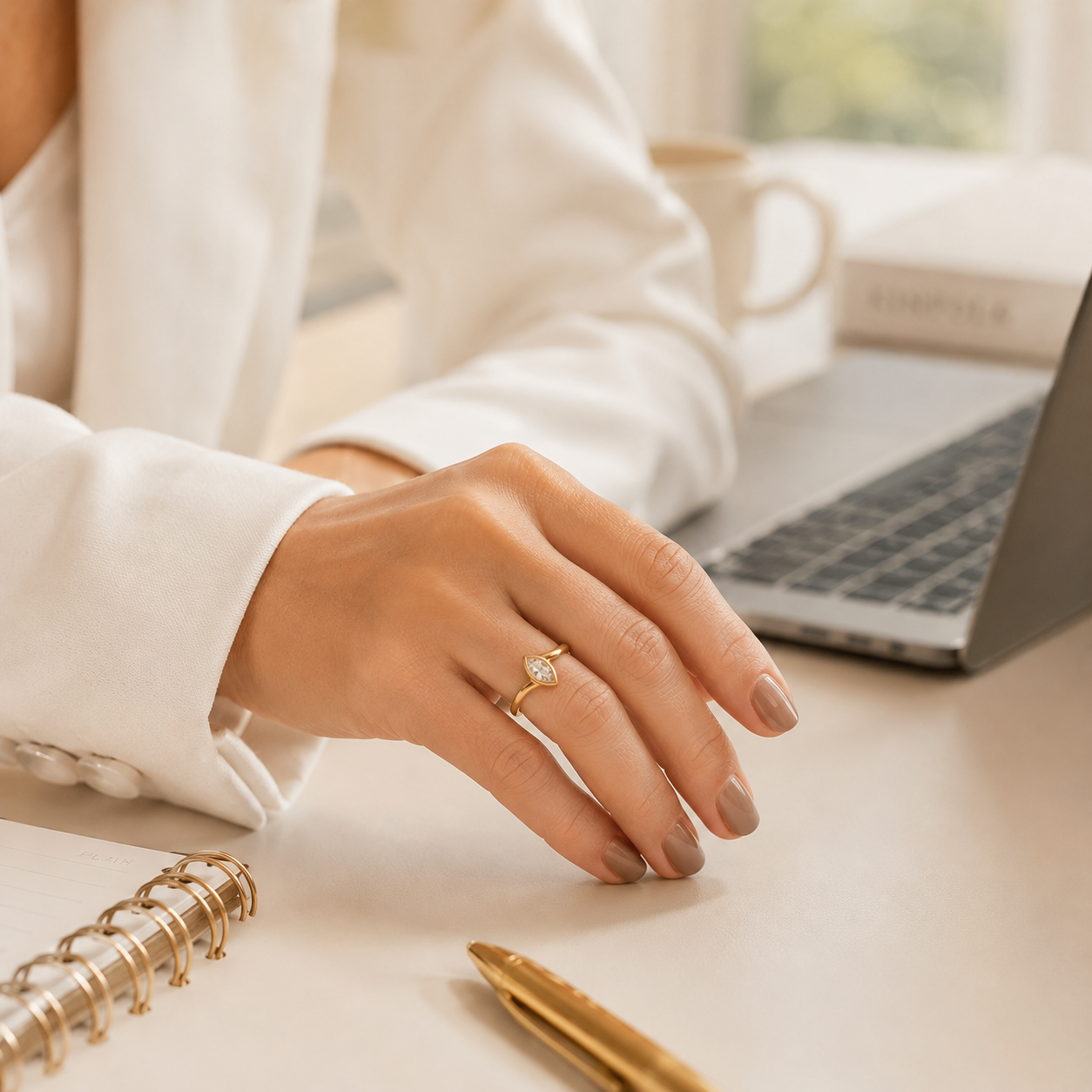 A close-up lifestyle shot of a person's hand resting on a desk, wearing a delicate gold ring with a small clear heart-shaped gemstone. The person is wearing a white blazer, with a laptop, notebook, and pen visible in a softly lit, professional workspace setting.
