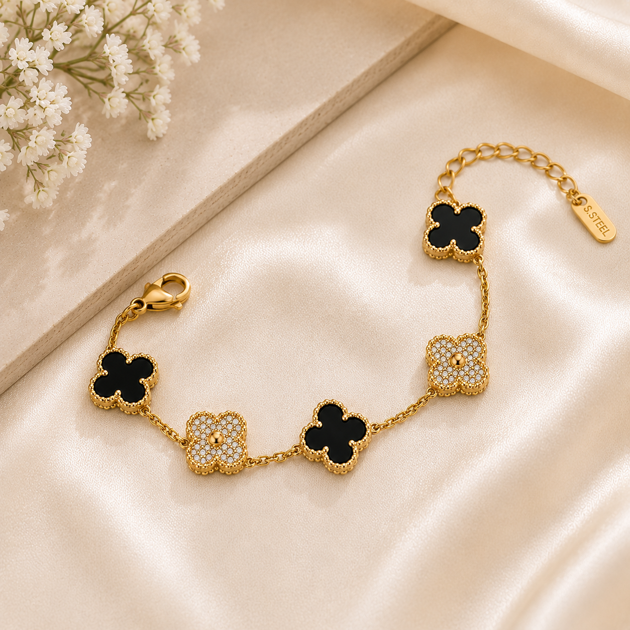 Clover Black & Crystal Gold-Plated Bracelet