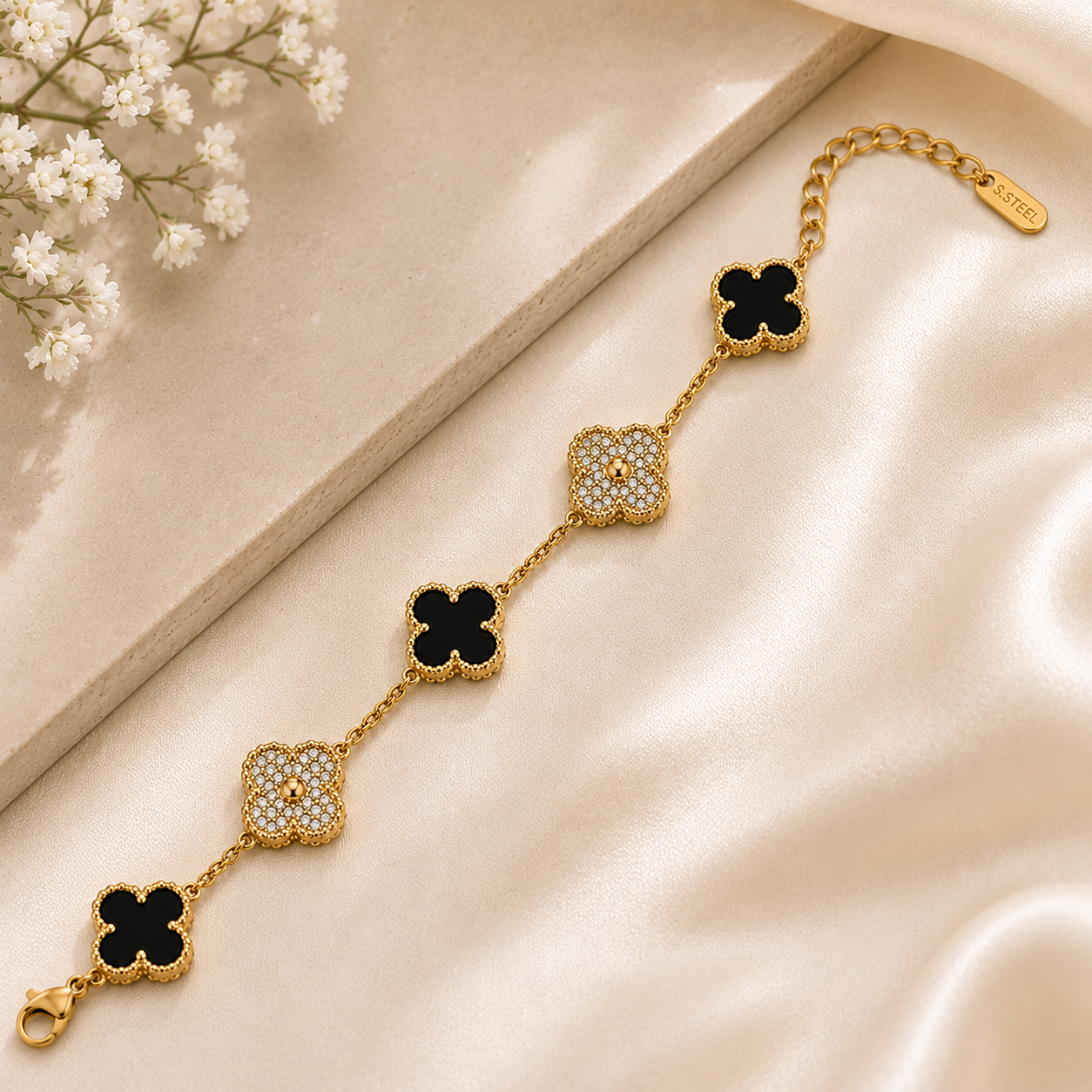 Clover Black & Crystal Gold-Plated Bracelet