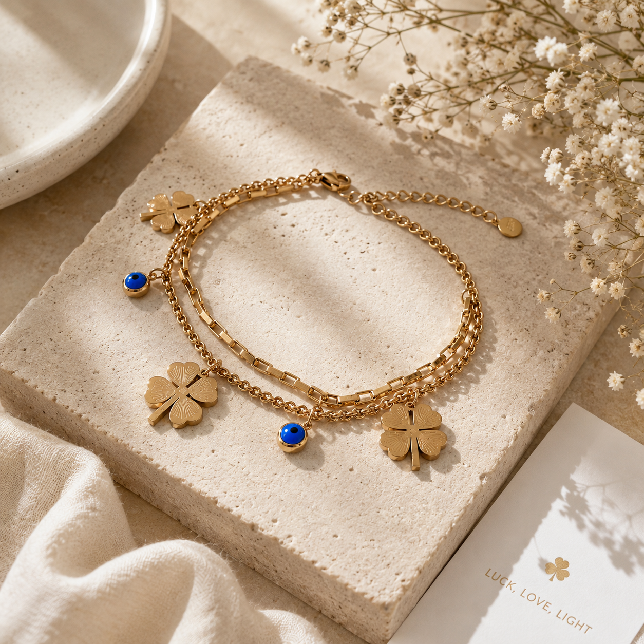 Clover & Evil Eye Charm Bracelet