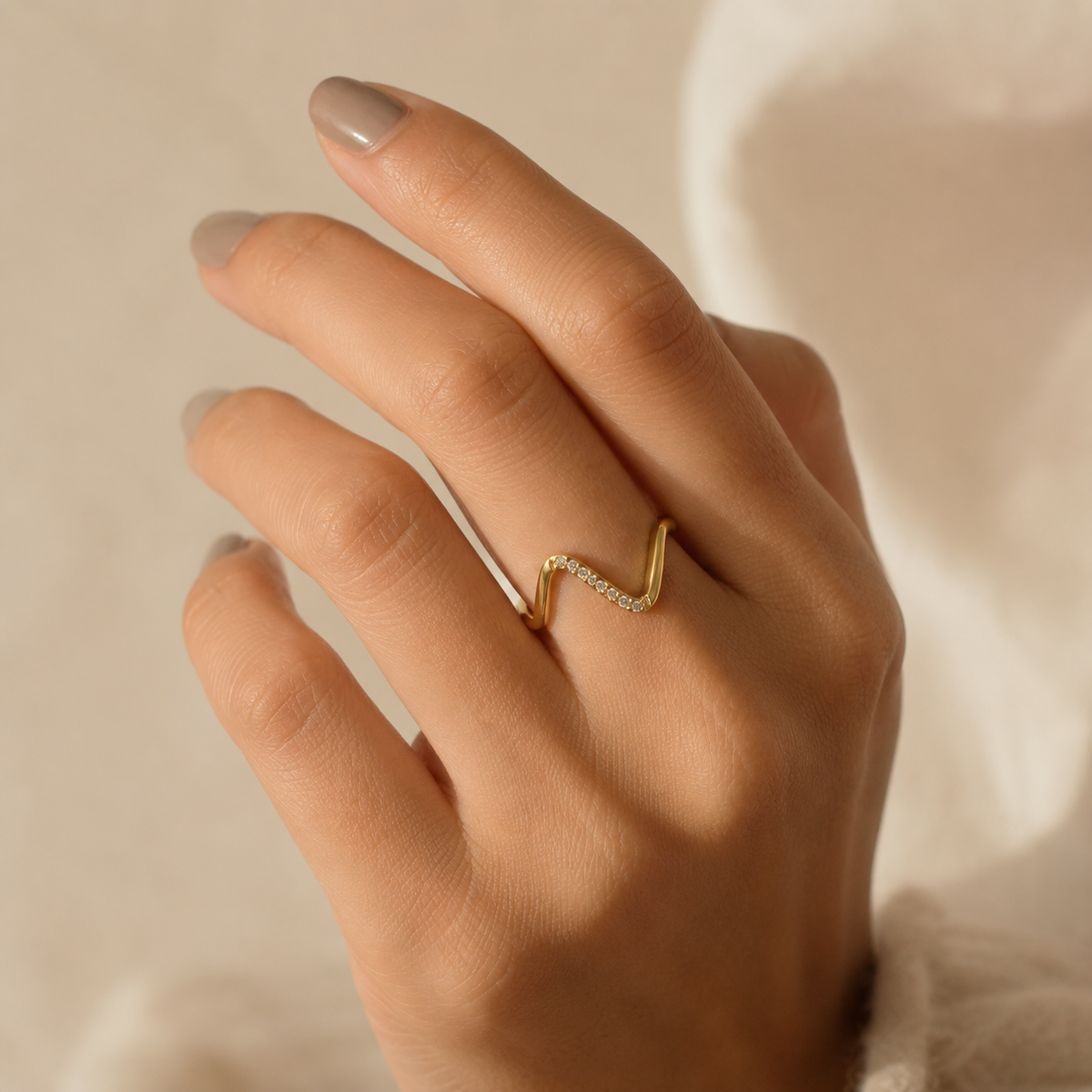 Elara V-Line crystal ring worn on woman's hand
