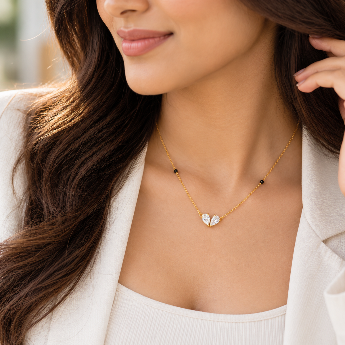 Woman wearing Elara Twin-Pear Crystal Modern Mangalsutra