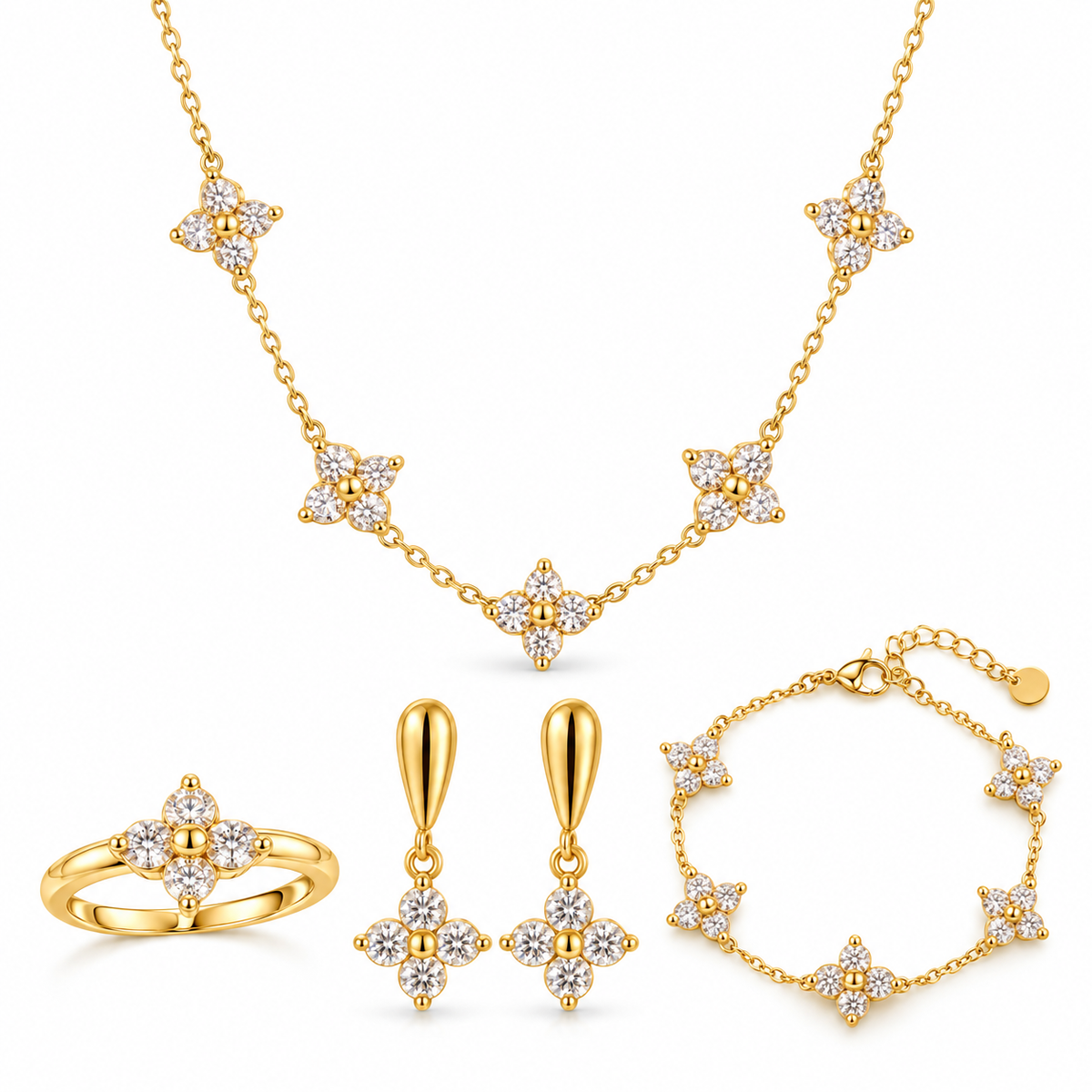 Flora Four-Petal Crystal Jewellery Set with necklace, earrings, ring and bracelet