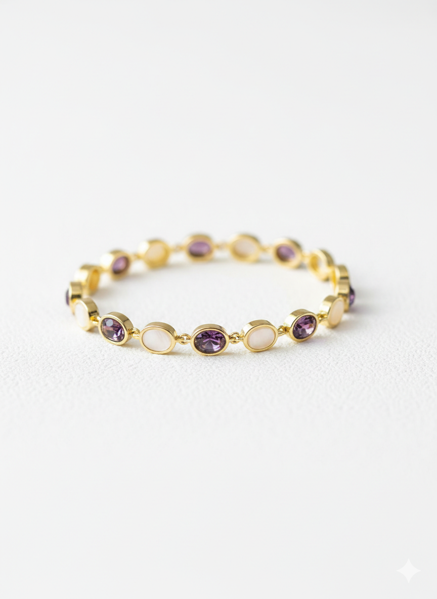 Purple Crystal & Pearl Bangle Bracelet - Premium 18k Gold-Plated