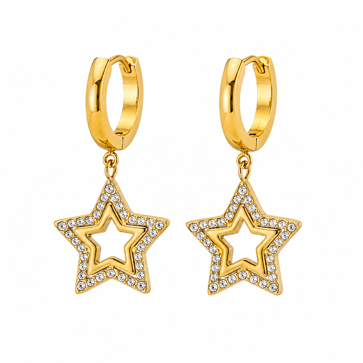 Gold star drop earrings with sparkling stone