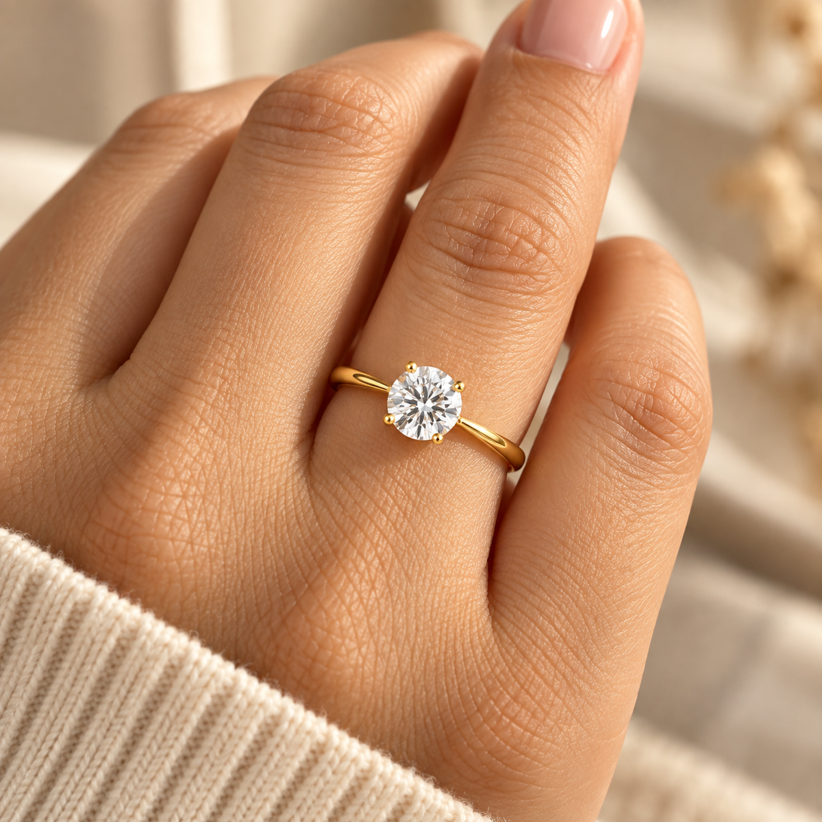 Calista Round Solitaire Ring worn on a woman's hand