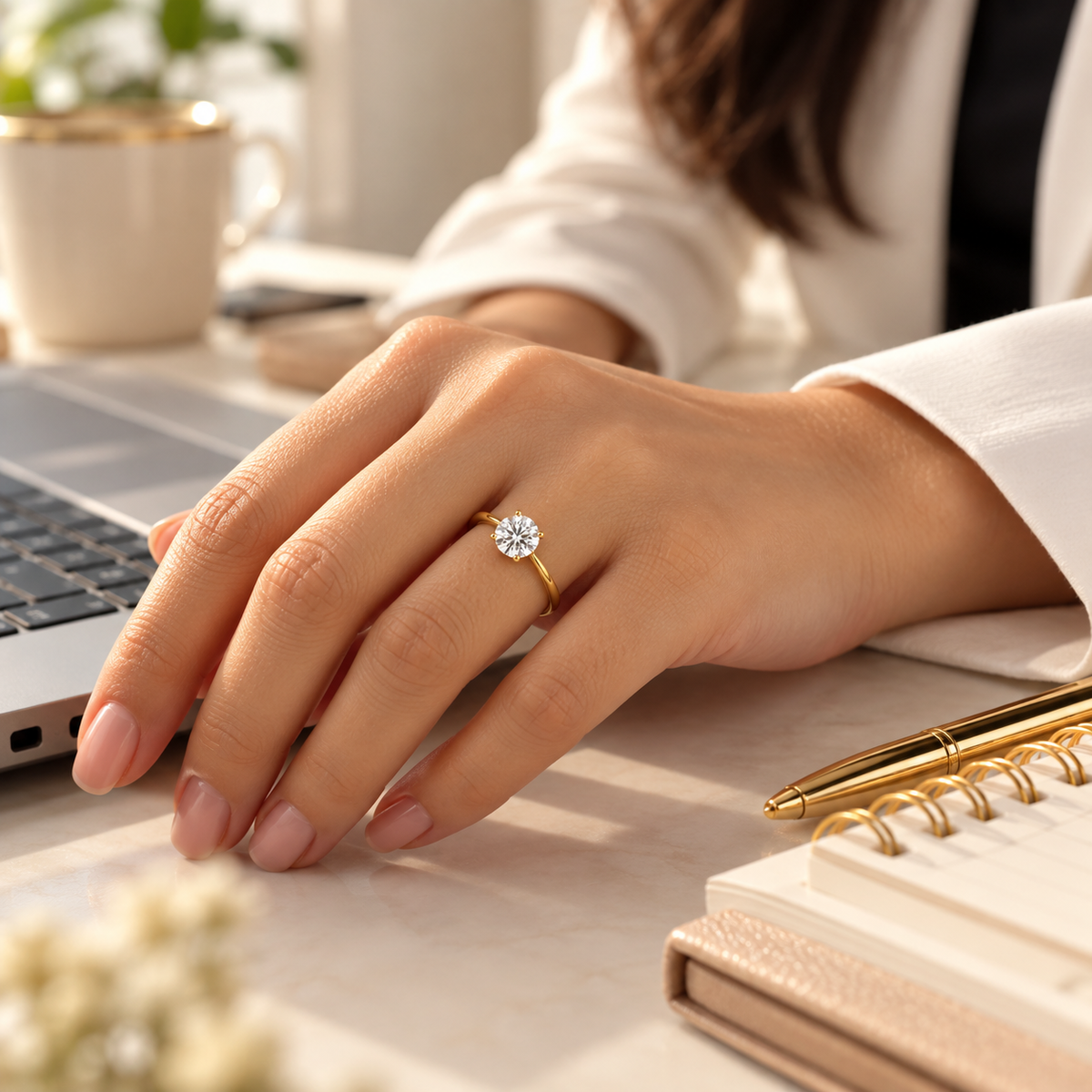Calista Round Solitaire Ring styled for everyday office wear
