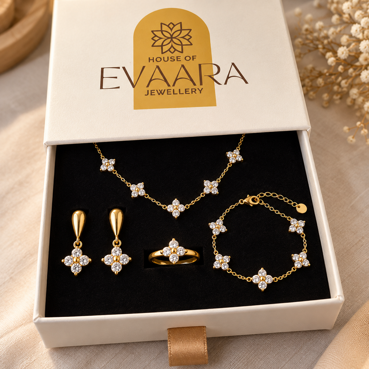 Flora Four-Petal Crystal Jewellery Set in House of Evaara signature gift box