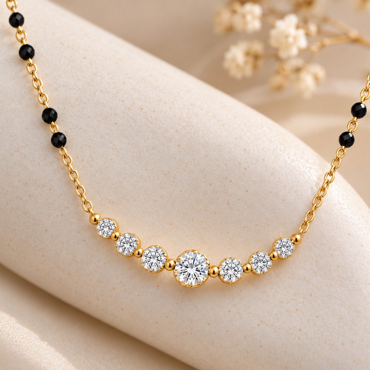 Close-up of Aarika modern mangalsutra with seven graduated crystals