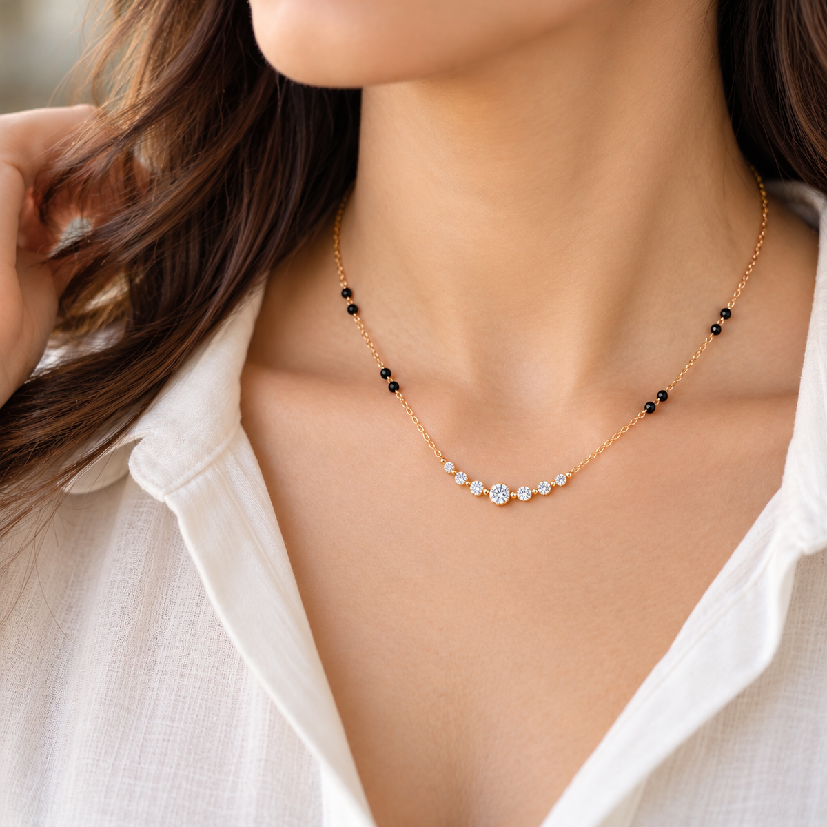 Woman wearing Aarika Crystal Modern Mangalsutra for everyday wear