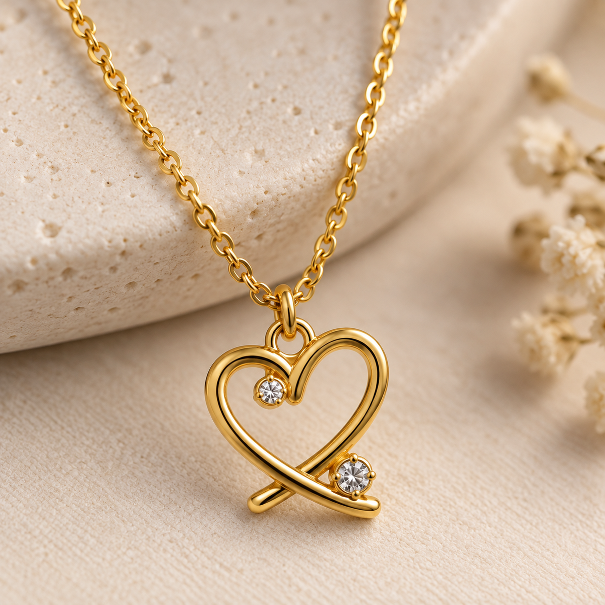 Close-up of Amorette open heart pendant showing clear crystal accents and polished gold-tone finish