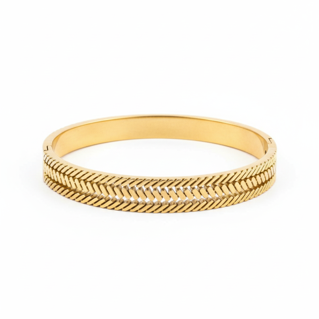 Chevron pattern gold bangle bracelet minimal gold bracelet for women on white background