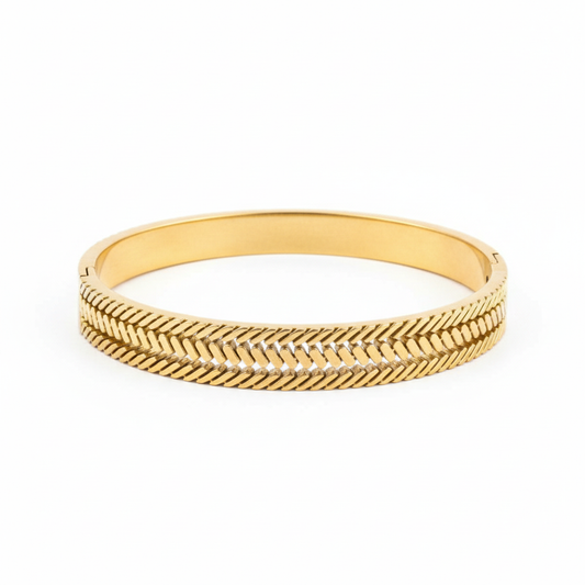 Chevron pattern gold bangle bracelet minimal gold bracelet for women on white background