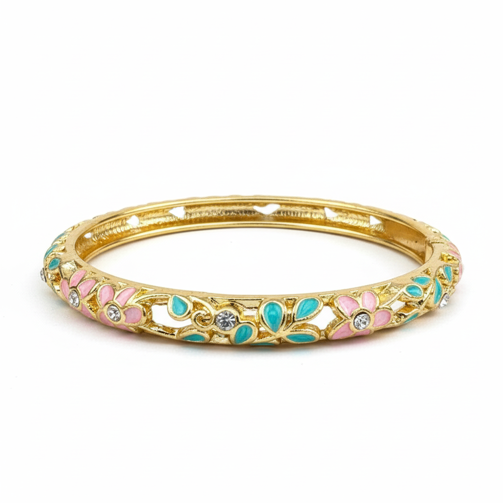Angled side view of floral enamel bangle