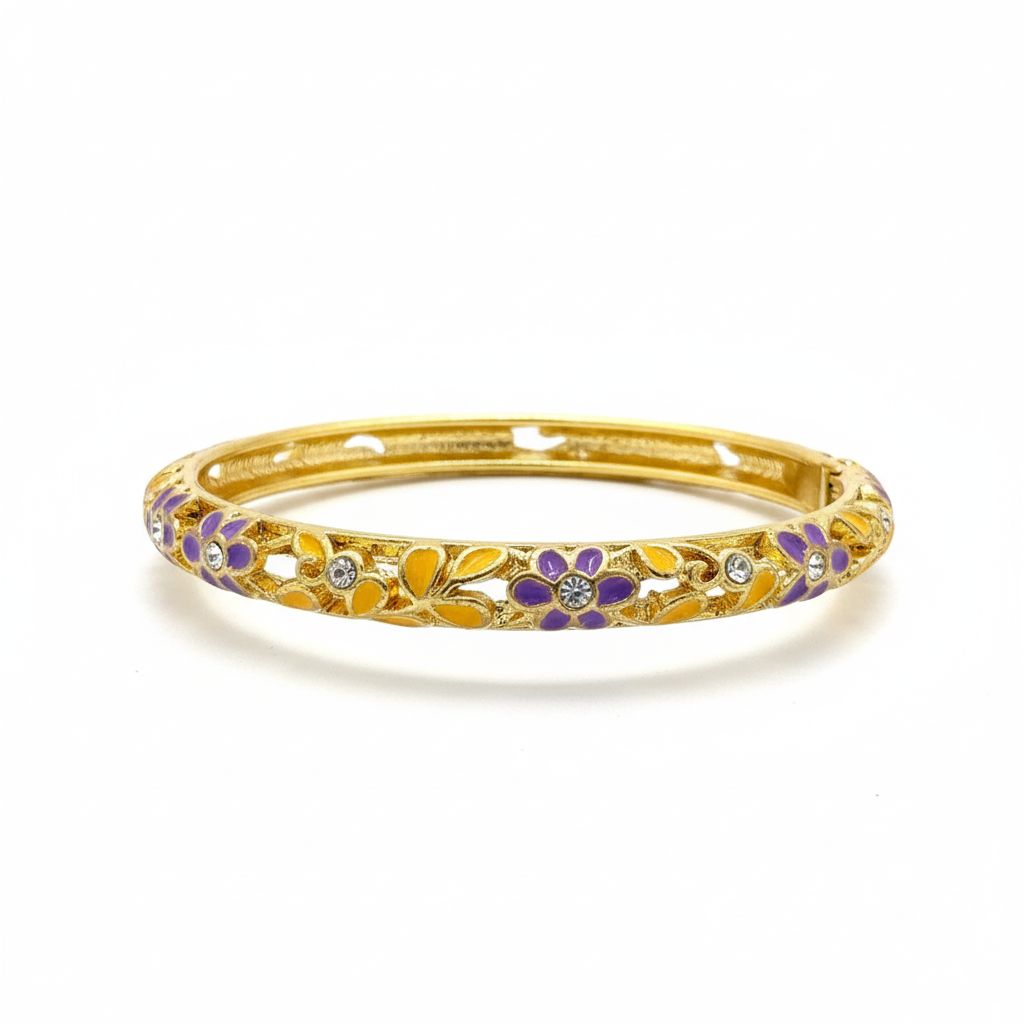 Angled side view of purple and yellow floral bangle