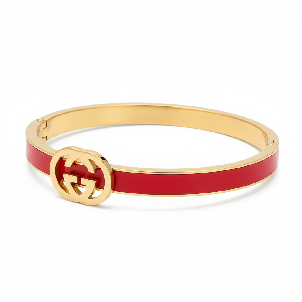 Red designer logo bangle bracelet gold plated enamel bangle bracelet for women on white background