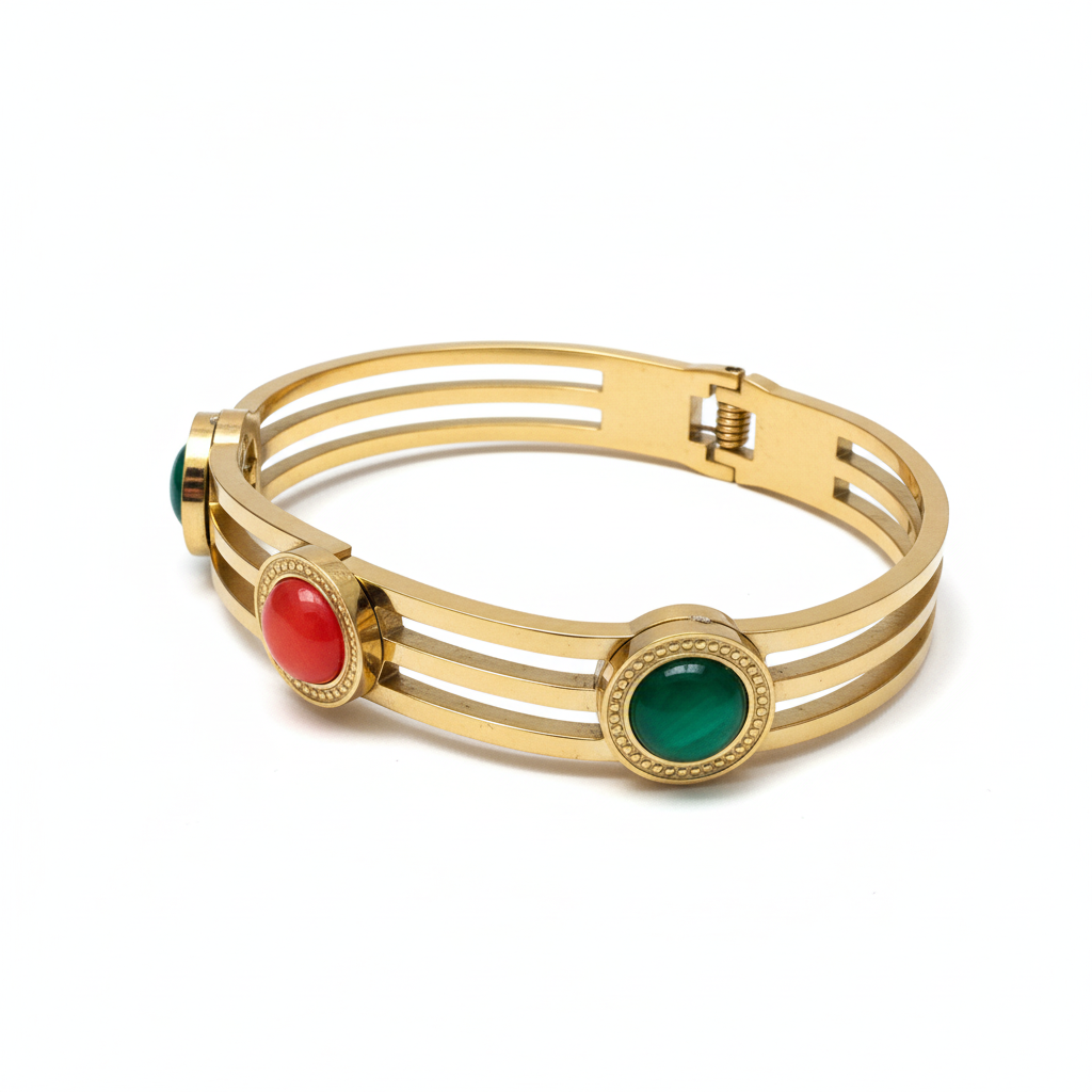 Triple band gemstone 18k gold plated   with gemstone kada bracelet for women on white background