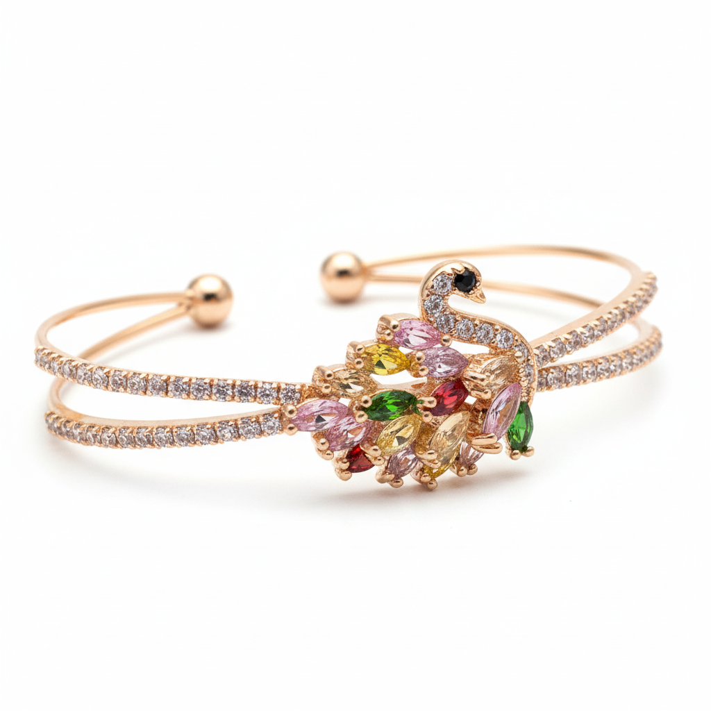 Crystal peacock cuff bracelet gold plated peacock design bracelet for women on white background