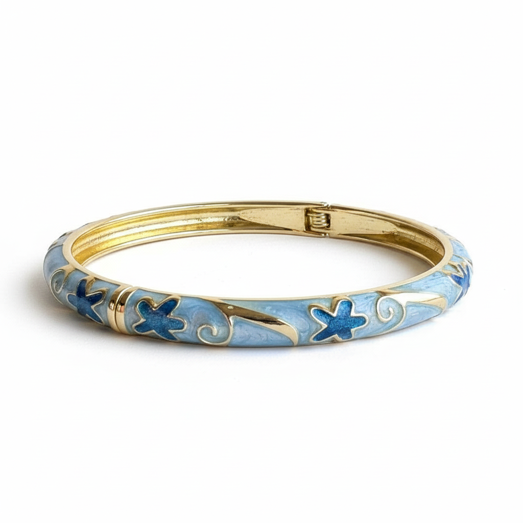 Blue floral enamel bangle bracelet gold plated enamel bracelet for women on white background