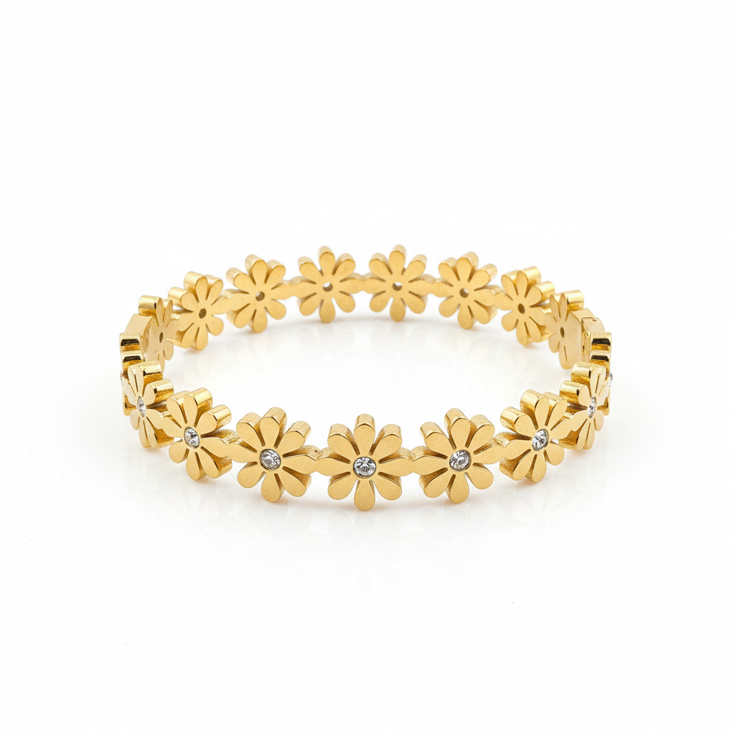 Daisy flower bangle bracelet gold plated floral bracelet for women on white background
