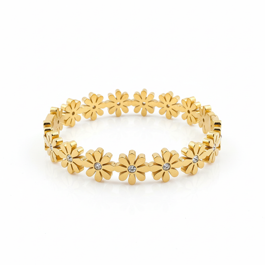 Daisy flower bangle bracelet gold plated floral bracelet for women on white background