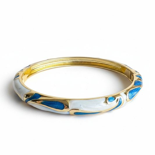 Blue and white geometric enamel bangle bracelet gold plated enamel bracelet for women on white background