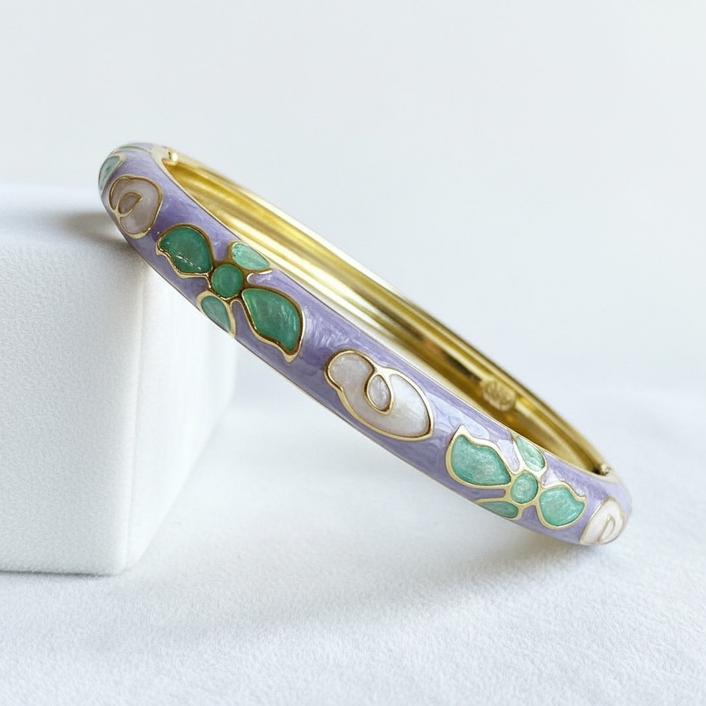 Lavender turquoise enamel bangle bracelet with leaf pattern gold plated bracelet for women on white background