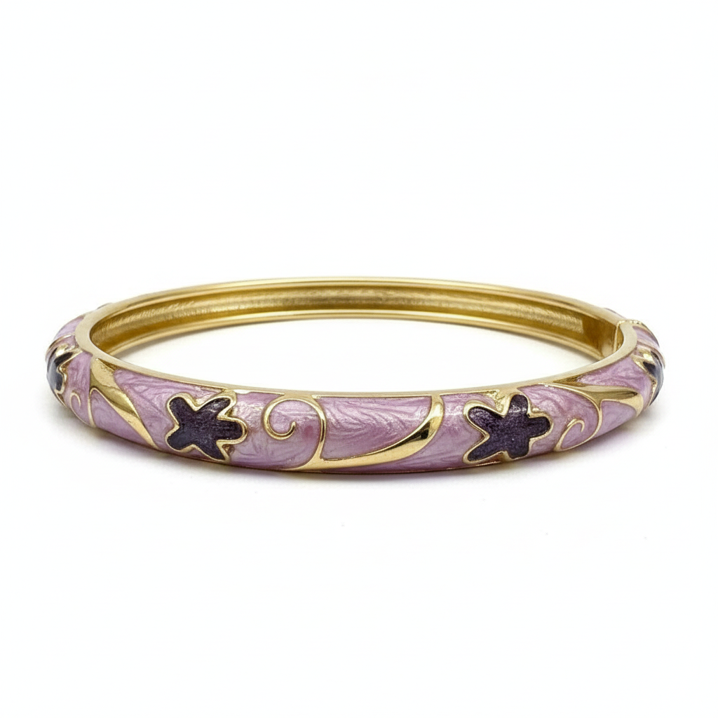 Purple floral enamel bangle bracelet gold plated enamel bracelet for women on white background