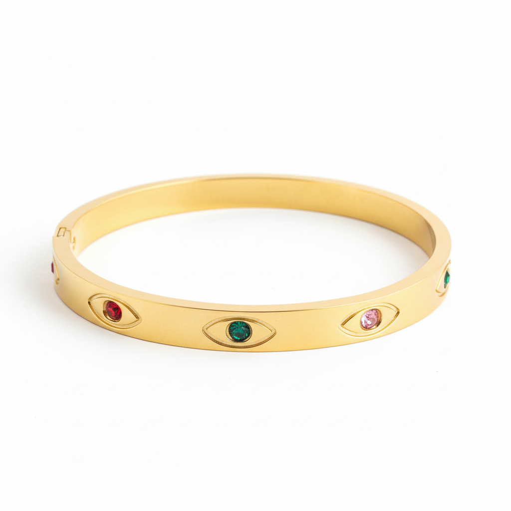 Multicolor evil eye bangle bracelet gold plated protection bracelet for women on white background