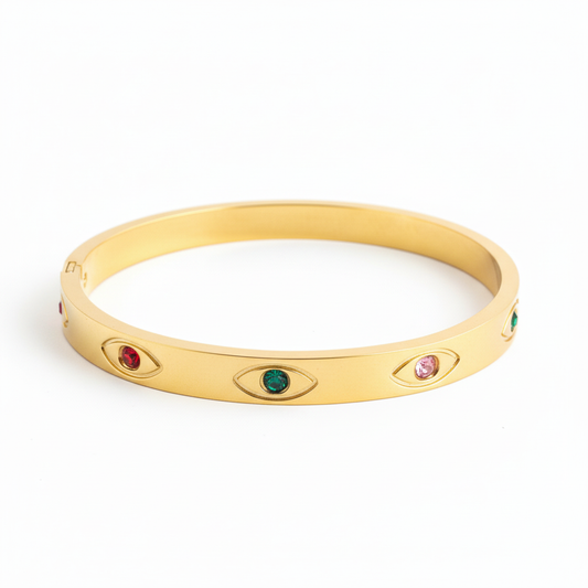 Multicolor evil eye bangle bracelet gold plated protection bracelet for women on white background