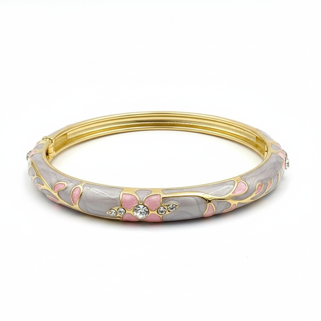 Pink lavender crystal floral enamel bangle bracelet gold plated enamel bracelet for women on white background