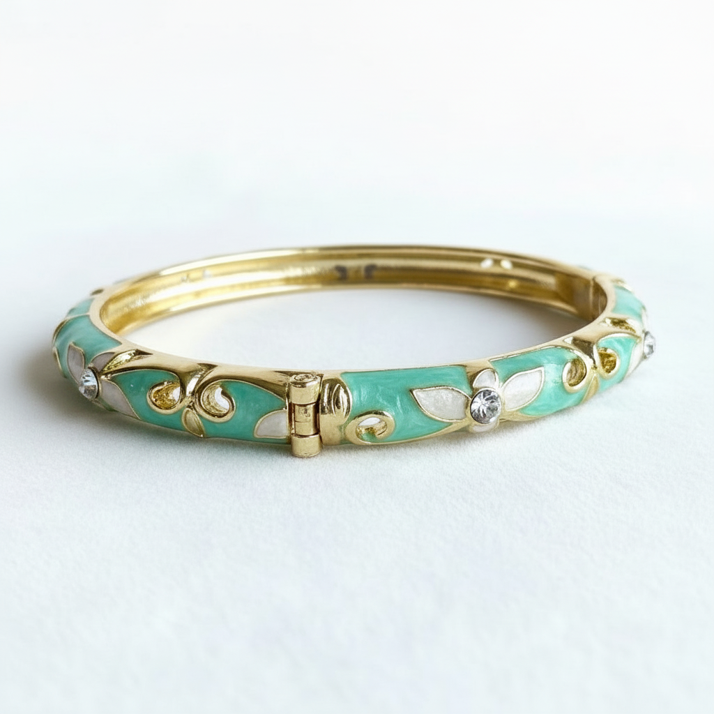 Turquoise crystal scroll enamel bangle bracelet gold plated enamel bracelet for women on white background