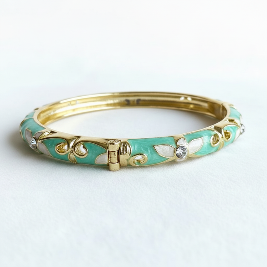 Turquoise crystal scroll enamel bangle bracelet gold plated enamel bracelet for women on white background