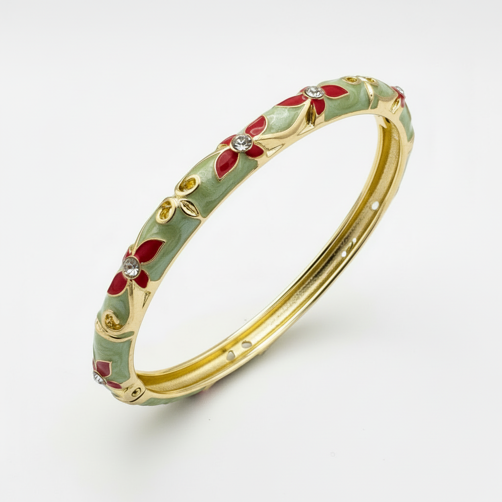 Mint green and red floral enamel bangle bracelet gold plated enamel bracelet for women on white background