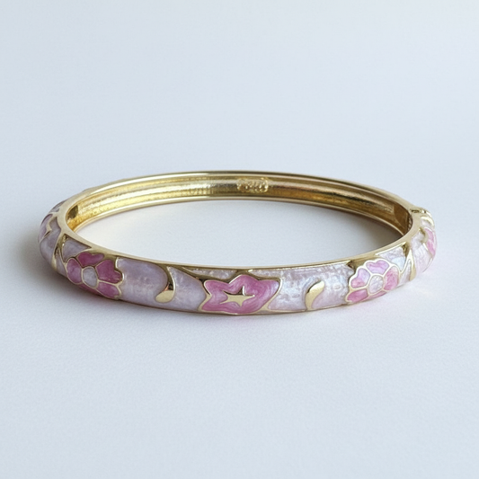 Pink baby pink floral enamel bangle bracelet gold plated enamel bracelet for women on white background