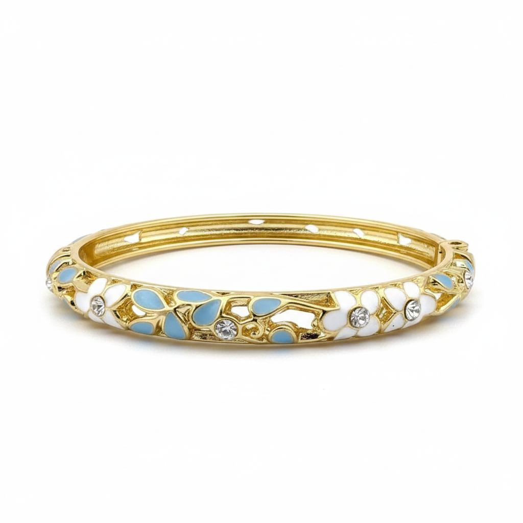 White and blue crystal floral enamel bangle bracelet gold plated enamel bracelet for women on white background