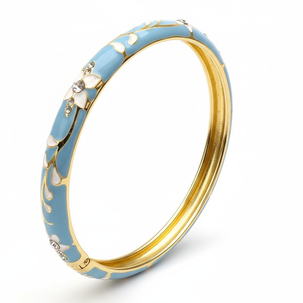 Sky blue crystal floral enamel bangle bracelet gold plated enamel bracelet for women on white background