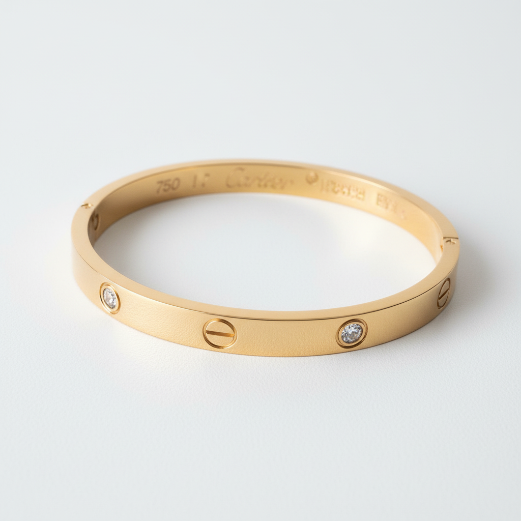 Wide Love Bangle Bracelet in 18K gold plated finish Angled view