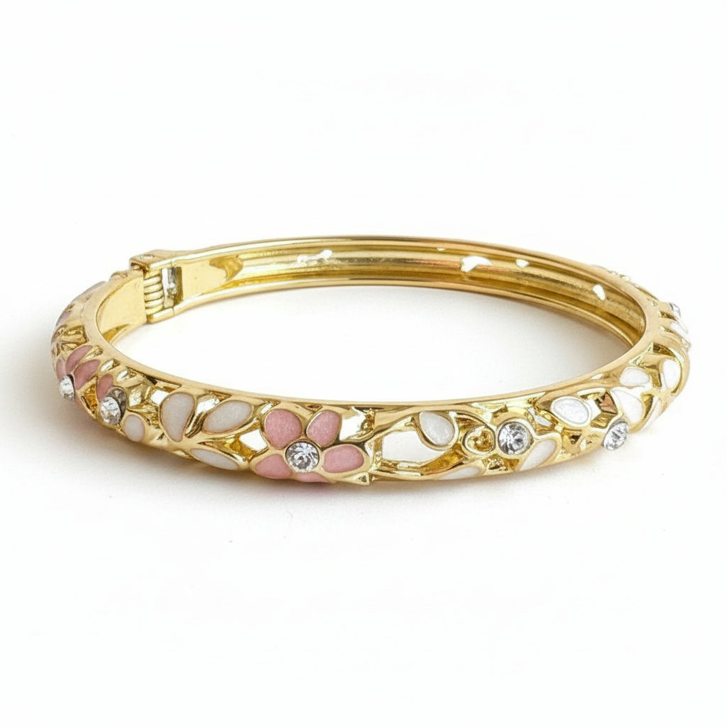 White and pink crystal petal enamel bangle bracelet gold plated floral enamel bracelet for women on white background